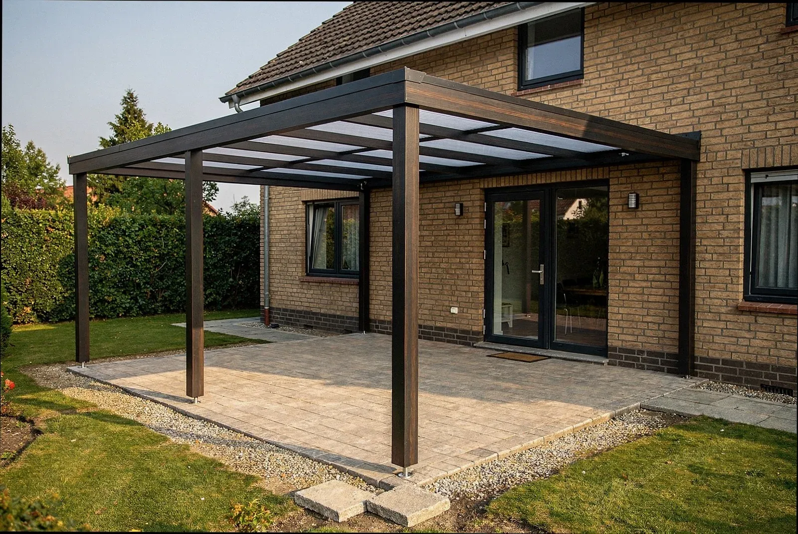 Fertig montierte Terrassenüberdachung nach abgeschlossener Prüfung in Ravensburg